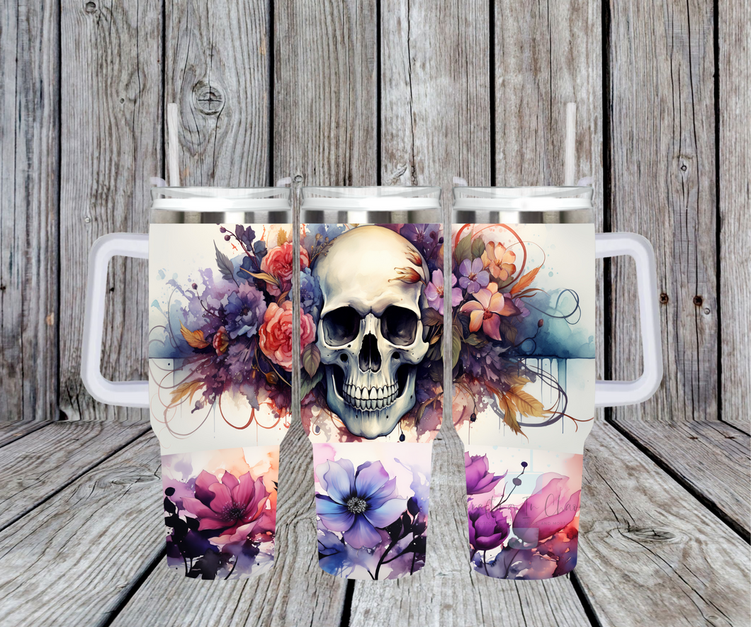 Floral Skull Tumbler with Handle