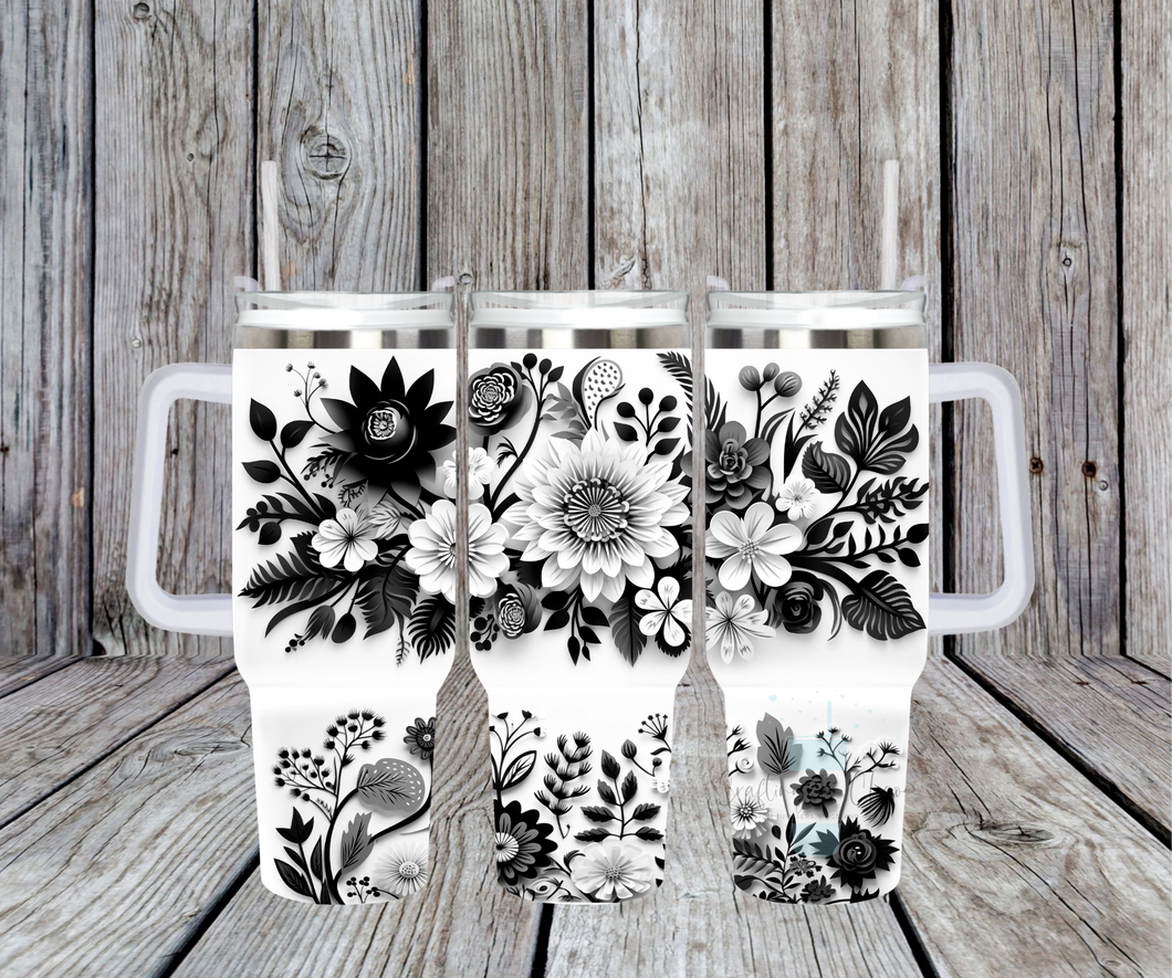 Black and White Floral Tumbler with Handle