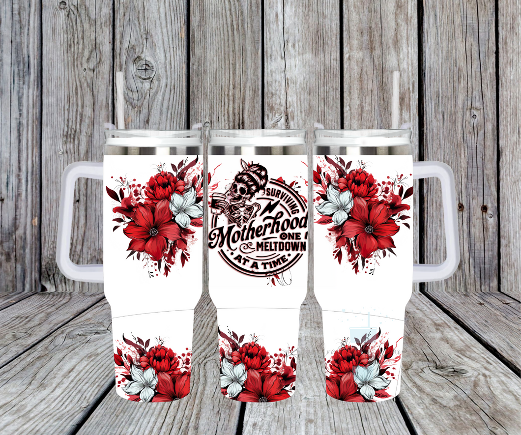 Surviving Motherhood One Meltdown at a Time Tumbler with Handle