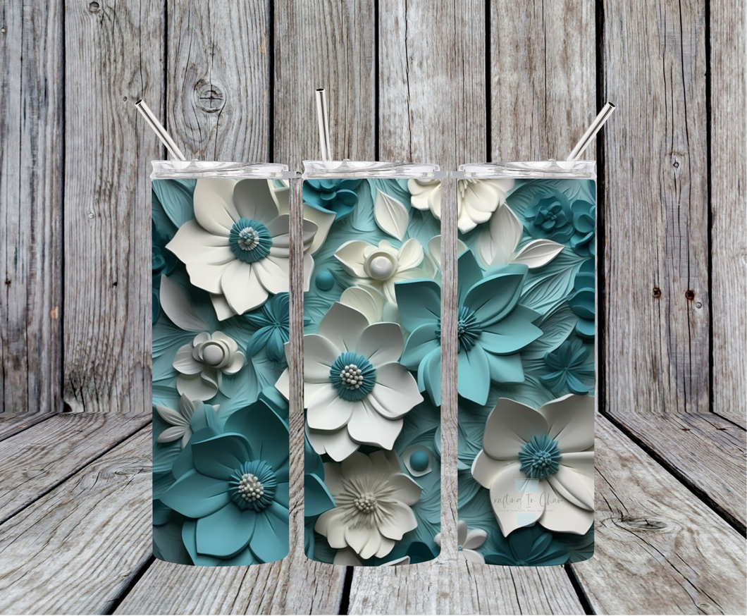 Teal and White Flowers Skinny Tumbler